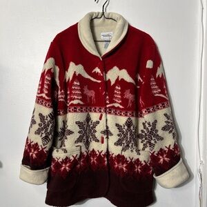 Vintage Northern Reflections Red and Cream Fleece Cardigan